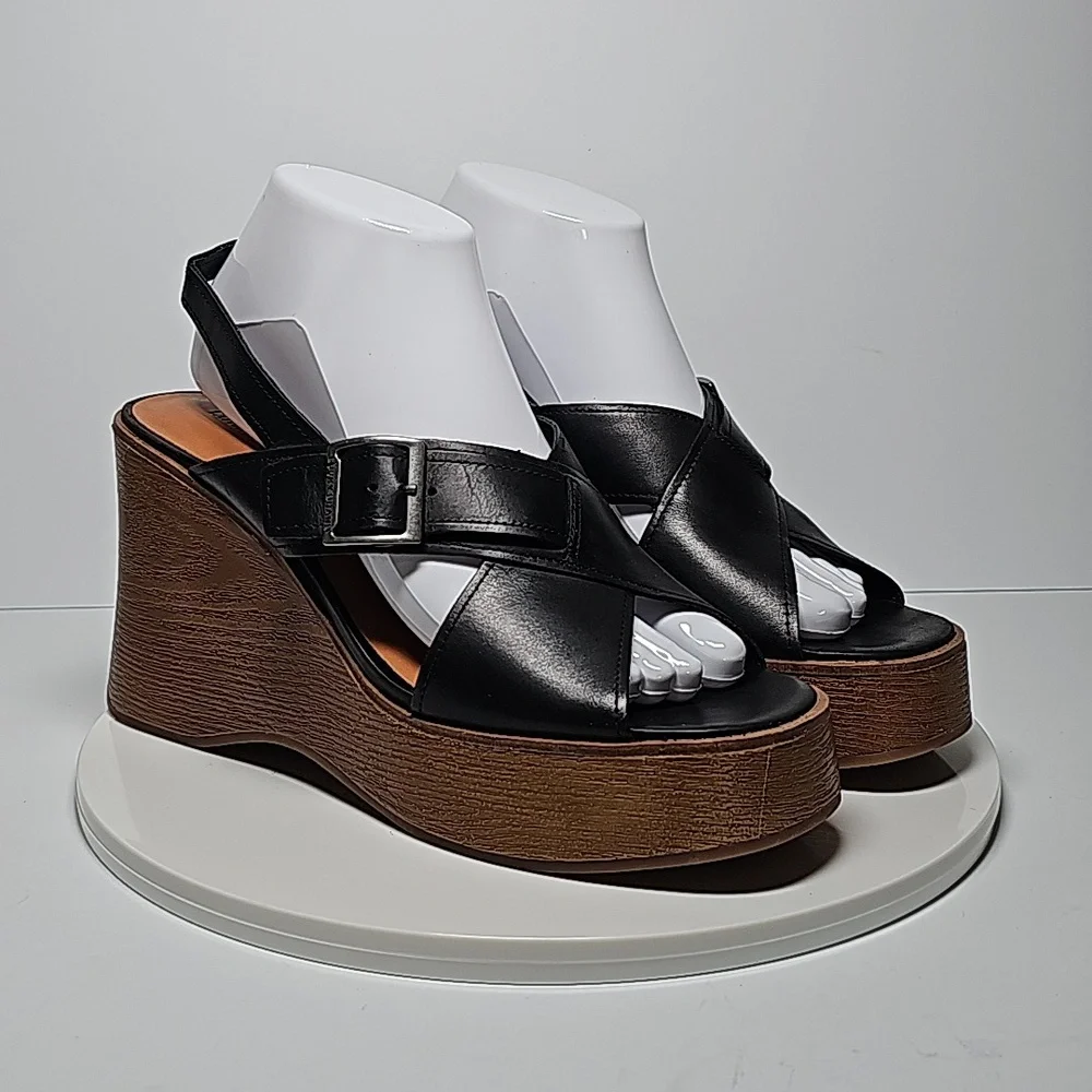 Lucky Brand Delaynee Black Leather Platform Wedge Sandals 8.5 NWOT Boho Resort